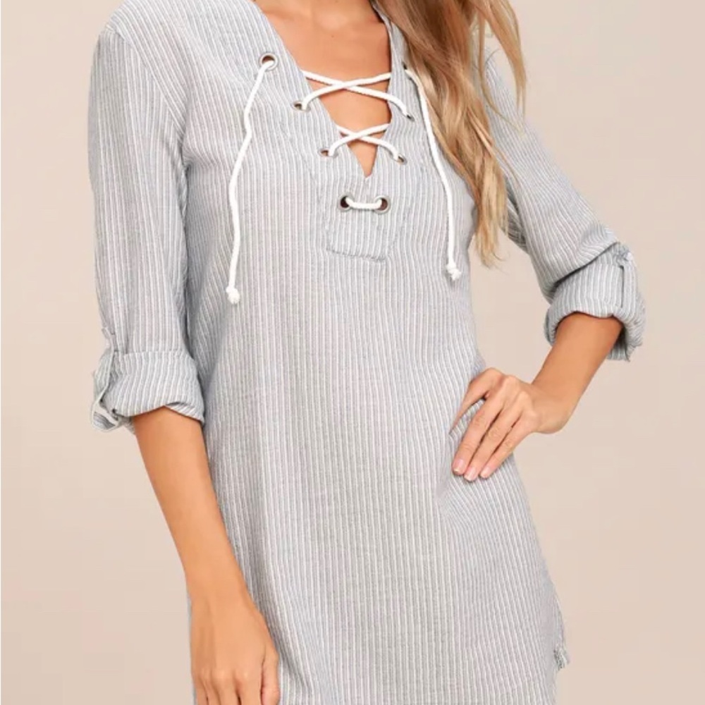 Rhythm Tiki Blue and White Striped Lace-Up Shift Dress - Size Small - Picture 2 of 6